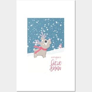 The first snow. Surprised little reindeer looking up in the sky. Let it snow and Merry Christmas. Posters and Art